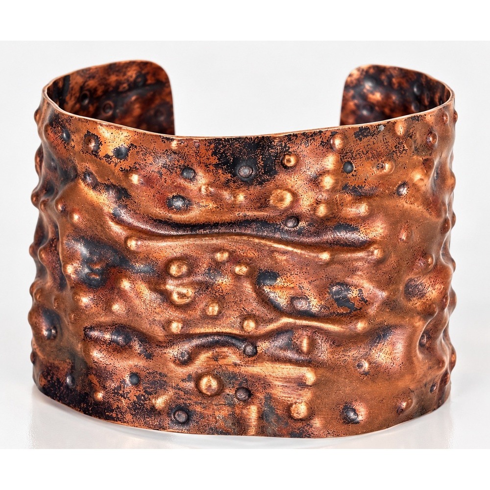 Vintage Hammered Copper Cuff Bracelet Wide 2.25" Brutalist Artisan Adjustable 7"